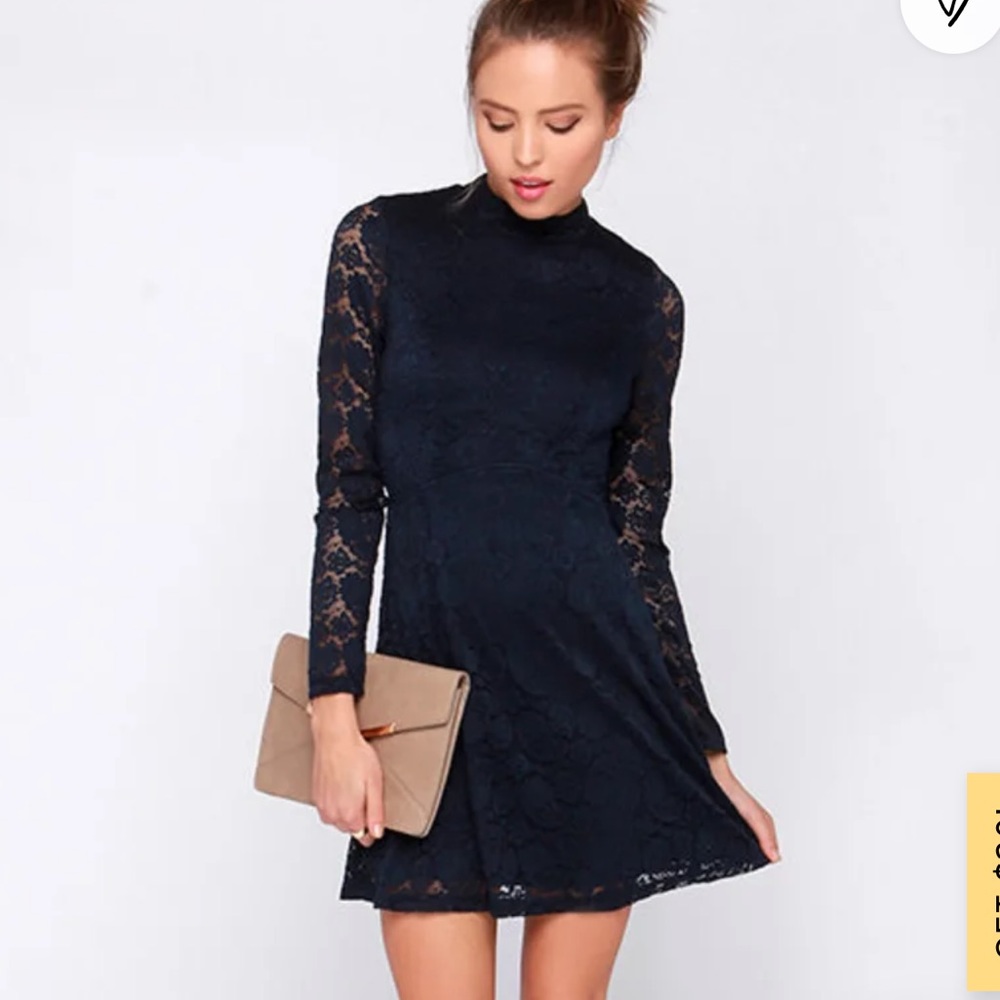 Lulu’s “Give it a Glance” Navy Lacy Mockneck Dress